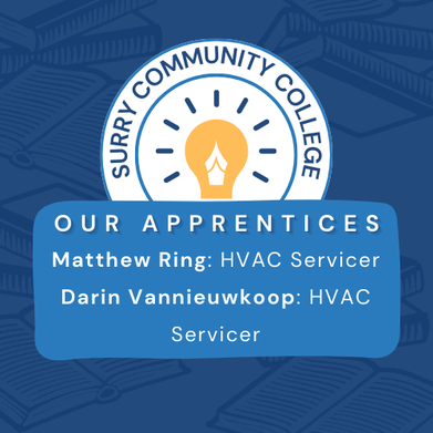 Image text says: Surry Community College. Our Apprentices. Matthew Ring, heating, ventilation, and air conditioning servicer. Darin Vannieuwkoop, heating, ventilation, and air conditioning servicer.
