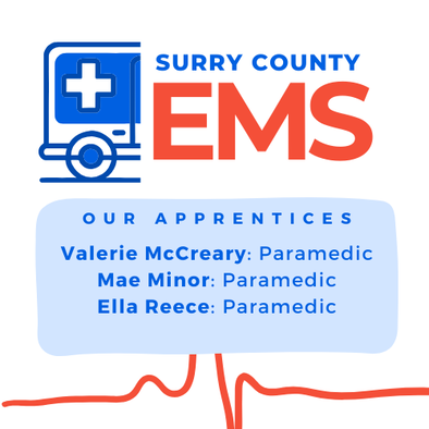 Image text says: Surry County Emergency Medical Services. Our Apprentices. Paramedics: Valerie McCreary, Mae Minor, and Ella Reece.