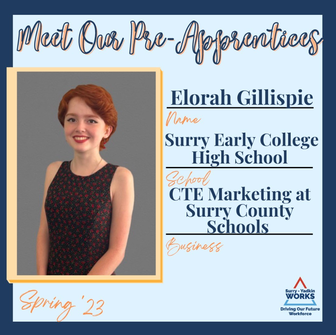Surry-Yadkin Works Logo: Surry-Yadkin Works, Driving Our Future Workforce. Headshot photo of Elorah Gillispie. Image Text Says: Meet our Pre-Apprentices. Spring 2023. Name: Elorah Gillispie. School: Surry Early College High School. Business: Career and Technical Education Marketing at Surry County Schools.