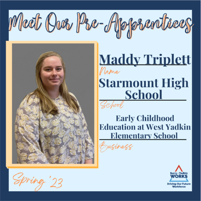 Surry-Yadkin Works Logo: Surry-Yadkin Works, Driving Our Future Workforce. Headshot photo of Maddy Triplett. Image Text Says: Meet our Pre-Apprentices. Spring 2023. Name: Maddy Triplett. School: Starmount High School. Business: Early Childhood Education at West Yadkin Elementary.