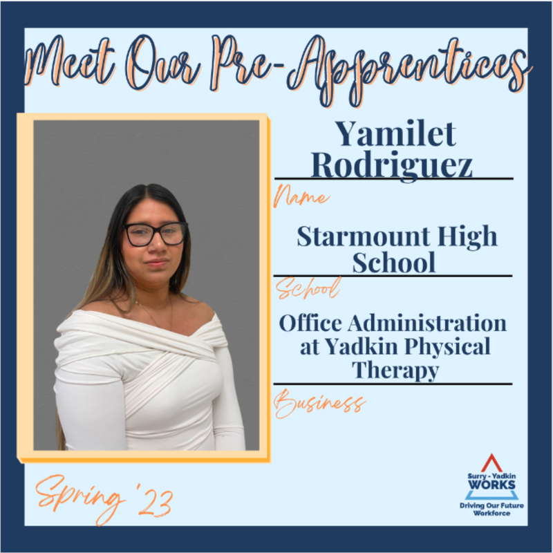Surry-Yadkin Works Logo: Surry-Yadkin Works, Driving Our Future Workforce. Headshot photo of Yamilet Rodriguez. Image Text Says: Meet our Pre-Apprentices. Spring 2023. Name: Yamilet Rodriguez. School: Starmount High School. Business: Office Administration at Yadkin Physical Therapy.