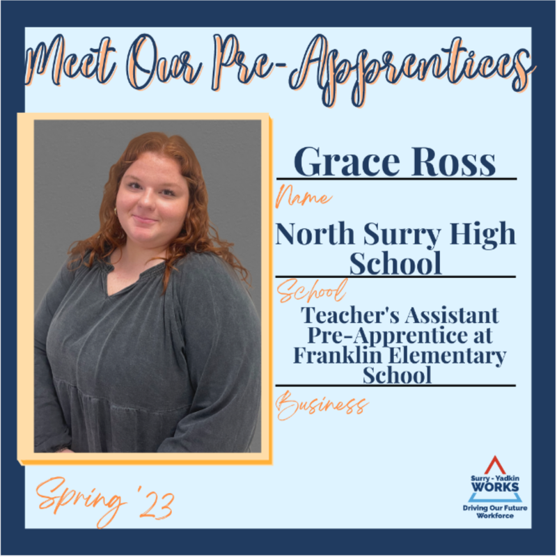 Surry-Yadkin Works Logo: Surry-Yadkin Works, Driving Our Future Workforce. Headshot photo of Grace Ross. Image Text Says: Meet our Pre-Apprentices. Spring 2023. Name: Grace Ross. School: North Surry High School. Business: Teacher’s Assistant Pre-Apprentice at Franklin Elementary School.
