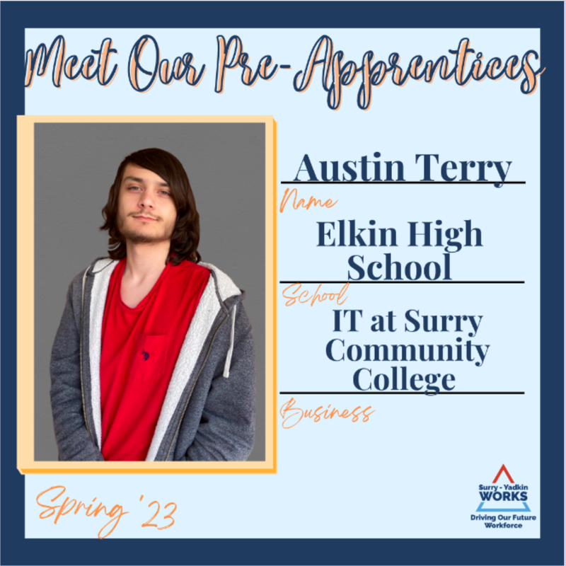 Surry-Yadkin Works Logo: Surry-Yadkin Works, Driving Our Future Workforce. Headshot photo of Austin Terry. Image Text Says: Meet our Pre-Apprentices. Spring 2023. Name: Austin Terry. School: Elkin High School. Business: Information Technology at Surry Community College.